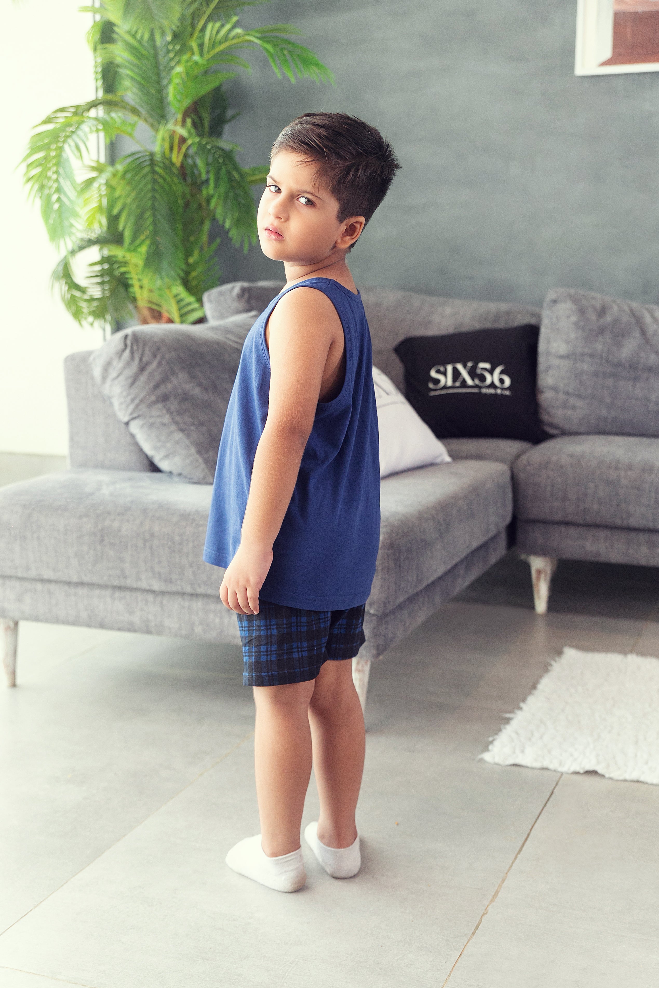 Black and Navy Check Shorts Set - Boys